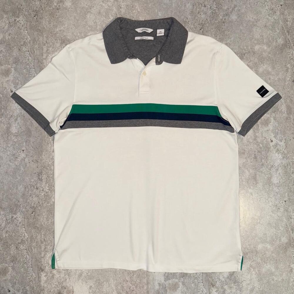 Calvin Klein Liquid Touch Short Sleeve Polo Shirt in White/Navy/Grey